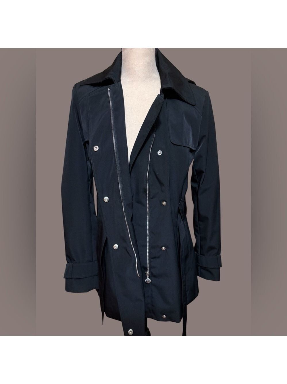 Calvin Klein-Classy black trench coat. Size small. Silver details/Hood. Like new - Picture 5 of 16